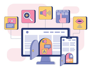 digital accessibility, flat vector illustration, product or function