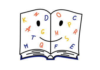 Wall Mural - Open book with letters. Smiling book. Children English language lesson concept.