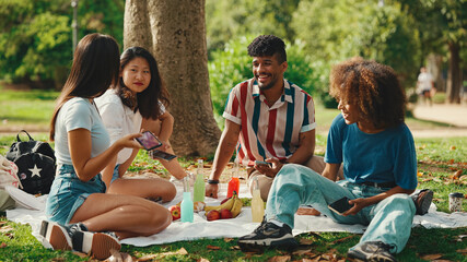 Wall Mural - Close-up of young man with curly hair wearing striped shirt sitting in park having picnic on summer day outdoors, talking with friends