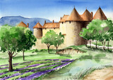 Watercolor illustration of a French ancient castle with turrets and spiers on a green meadow with trees and a lavender field