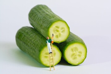 Poster - a painter stands on a ladder and paints fresh cucumbers,