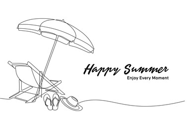 Continuous line drawing of summer vacation concept, sandy beach, umbrella, chaise longue, straw hat, bag, sunglasses and flip flops on tropical beach in one line doodle style. Editable strokes.