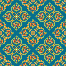 Traditional And Colorful Floral Artwork On Teal Color Background, Seamless Pattern.