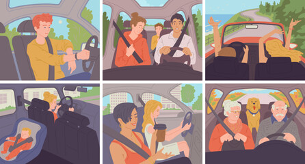 Wall Mural - Set scenes with people families and singles in car flat vector illustration.