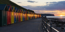 Beach Huts At Sunset, Whitby, North Yorkshire, England, United Kingdom