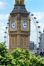 Big Ben (Elizabeth Tower) With The London Eye In Background Photographed From The Roof Of Westminster Abbey, London, England, United Kingdom