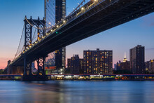 The Manhattan Bridge Over The East River, At Night, Manhattan, New York, United States Of America