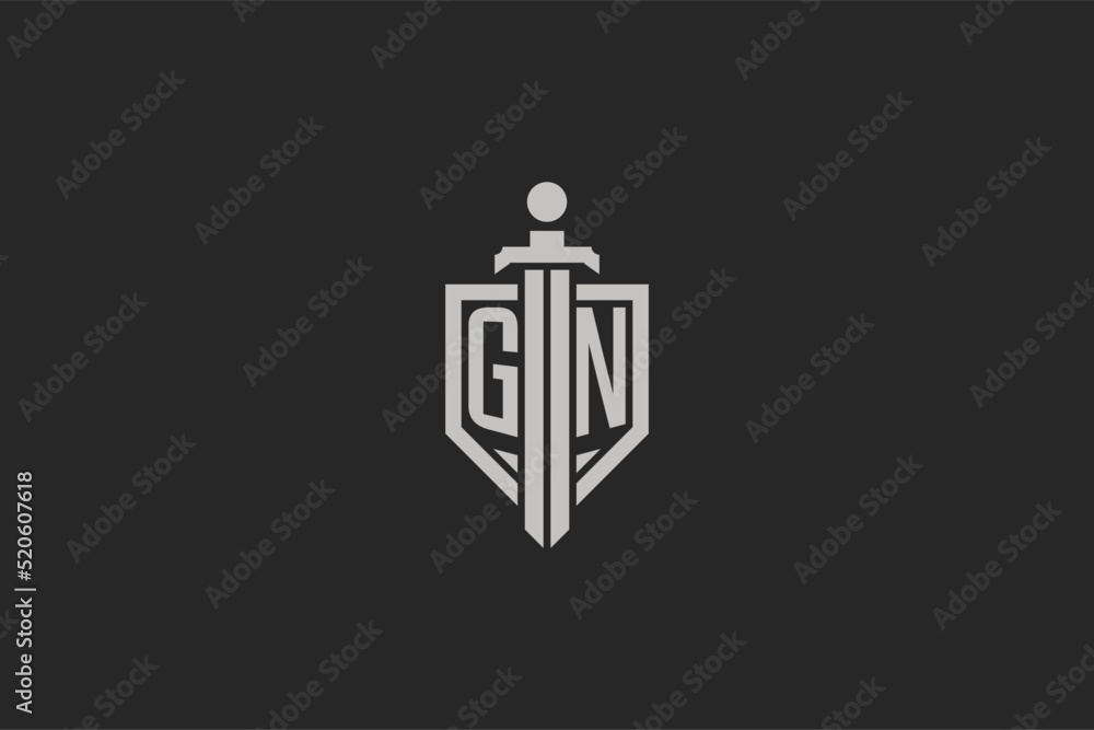 Letter GN logo with shield and sword icon design in geometric style ...