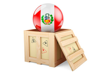 Canvas Print - Wooden box, parcel with Peruvian flag. Shipping and delivery in Peru, concept. 3D rendering