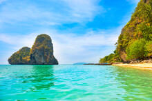 Tropical Beach Landscape Phra Nang With Clear Water, Rocky Mountain And Island In Sea