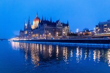 Hungarian Parliament Building At Night In Budapest, Hungary