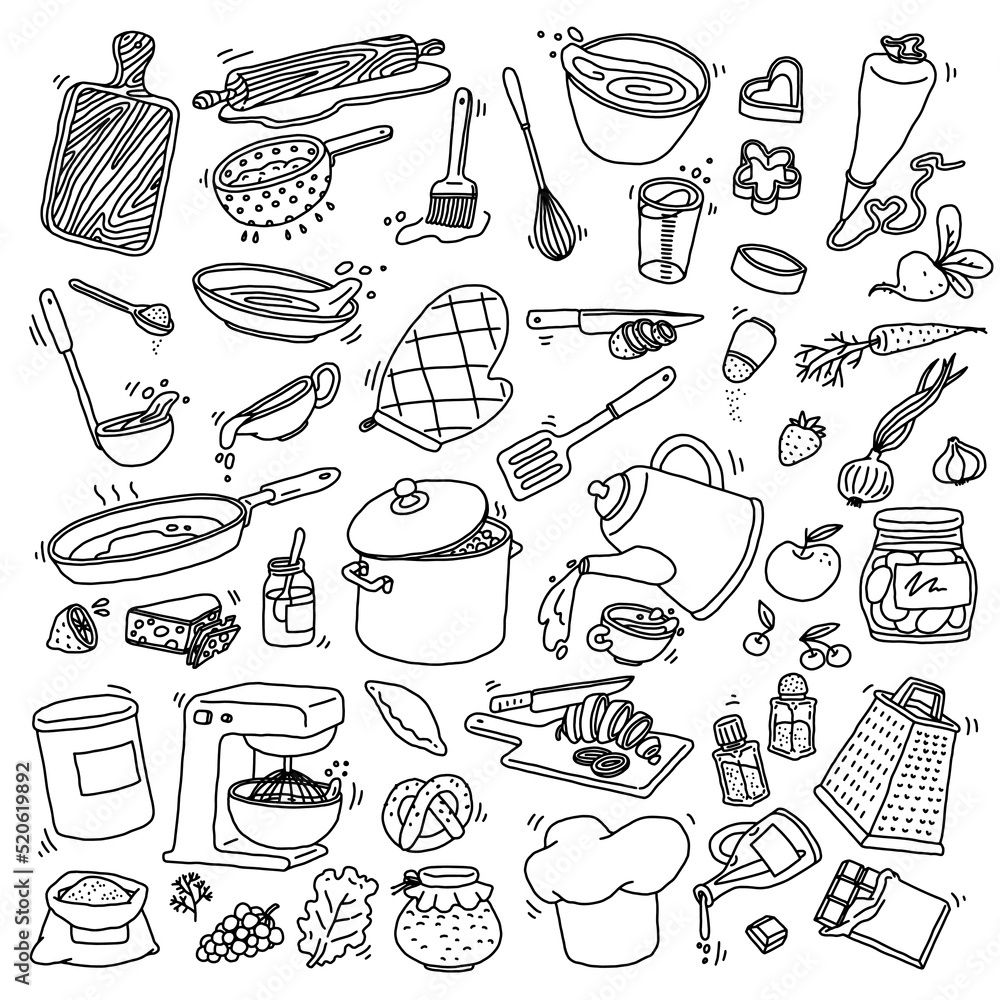 Kitchen food cooking utensils and tools set doodle vector illustration  isolated. Stock Vector | Adobe Stock, image size:1000x1000
