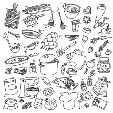 Wall Mural -  - kitchen food cooking utensils and tools set doodle vector illustration isolated.