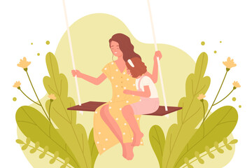 Mom and daughter sitting on swing, hug with love vector illustration. Cartoon happy woman and girl spend fun time, playing togerther among summer or spring flowers. International Mothers day concept