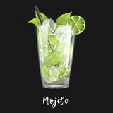Fototapeta Las - Alcoholic cocktail mojito on black background. Bar drink, beverage in glass for menu. Vector illustration