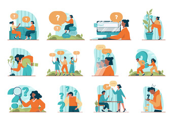 Wall Mural - question concept set. confused character in doubt with big question