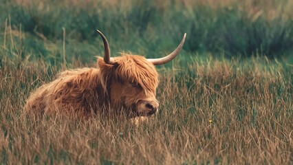 Sticker - Highland cattle relaxing on the grass in Norfolk