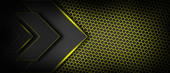 Abstract yellow light on arrows and  hexagon dark background