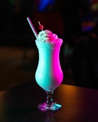 Poster - Vertical shot of a glass of white milkshake with cream and straw in the bar