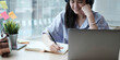 © wichayada - Homeschool Caucasian cute young girl student learning virtual internet online class from school teacher by remote meeting due to covid pandemic. Male teacher teaching math calculus by using whiteboard