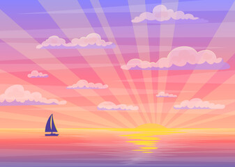 Poster - Cartoon Color Sunset or Sunrise Boat and Ocean Landscape Scene Concept Flat Design Style. Vector illustration