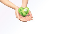 Future Of Green World Is In Our Hands, Save Earth And Earth Day Concept, Hand Holding Green Heart With World Map In Side On White Background