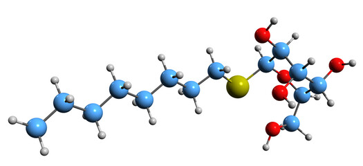 Wall Mural - 3D image of n-Octyl beta-D-thioglucopyranoside skeletal formula - molecular chemical structure of mild nonionic detergent isolated on white background