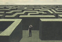 Illustration Of Man Lost In A Complex Labyrinth, Surreal Abstract Concept