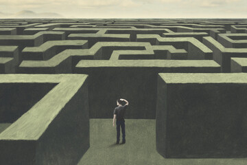 illustration of man lost in a complex labyrinth, surreal abstract concept