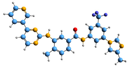 Wall Mural - 3D image of Nilotinib skeletal formula - molecular chemical structure of anticancer medication isolated on white background