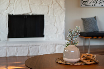 Wall Mural - Large stone fireplace painted white behind coffee table with plant decor.