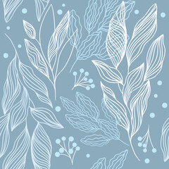 Wall Mural - Autumn linear pattern with branches. Seamless print with leaves and berries. Line art on gray blue background