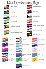 LGBT flag set including Progressive, Standard, Bisexual, Polyamory, Asexual, Aromantic, Philadelphia, QPOC, Demisexual, Lesbian, BDSM, Rubber