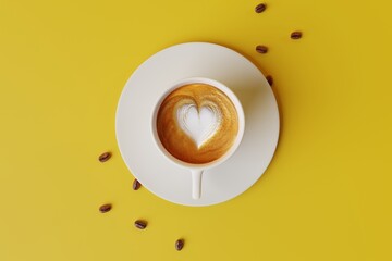 Canvas Print - Top view of a white cup of coffee on a yellow pastel background and a coffee zone. Concept of drinking coffee, cafe. Energy. 3d rendering, 3d illustration.