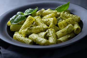 Pasta pesto and pea sauce served in bowl