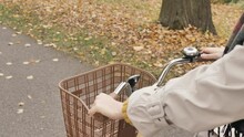 Young woman in trench coat and scarf rides bicycle on autumn park alley past water canal covered with fallen leaves closeup