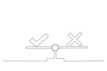 Cartoon of weight scales weighing cross and check mark. Choice, decision concept. Single continuous line art style