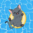Kot bawiący się w wodzie, pływający w żółtym dmuchanym kole. Szary kotek w basenie. Ręcznie rysowany uroczy mały kot na wakacjach. Letnia wektorowa ilustracja.
