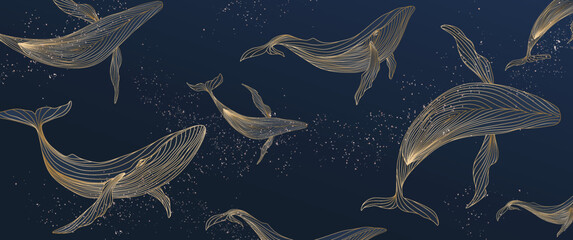 dark blue art background with whales in gold line style. abstract vector banner for wallpaper design