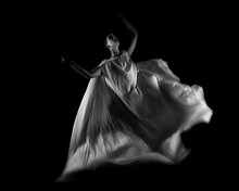 Dancer In A White Robe On A Black Background, Woman Dancing