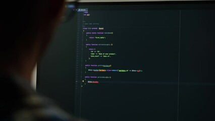 Information technology, IT business. Programmer developing new application. Digital software, mobile app development. Man specialist coding, computer screen close-up. Web design.