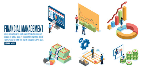 3d isometric Set of Financial management with diagrams, graphs, financial analytic and Business Infographic elements. Vector illustration eps10