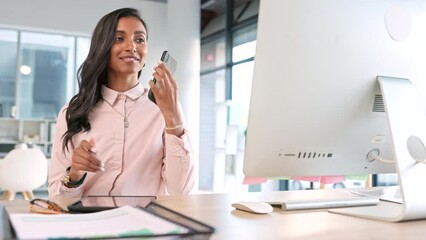 Canvas Print - Business woman answering a phone call while browsing online, sending emails or planning a strategy in an office alone at work. Intern or corporate professional having a conversation and networking