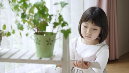 Wall Mural - 観葉植物をスケッチする女の子