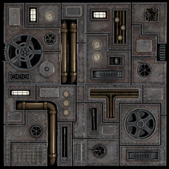 3d render of sci-fi panels with pipes and gadgets illustration