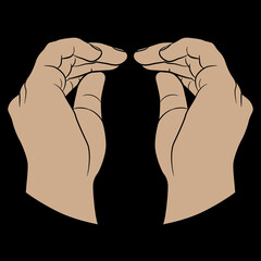 Symmetrical design with two beautiful female hands with bent fingers raised up in elegant gesture. Cartoon style. On black background.