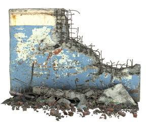 3D ruined concrete painted wall with exposed rebar with brick and trash illustration isolated