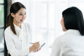Poster - Confident focused businesswoman, teacher or mentor coach speaking to business people at negotiations, woman leader speaker applicant talking at meeting or convincing hr during job interview concept