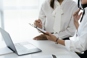 Poster - Confident focused businesswoman, teacher or mentor coach speaking to business people at negotiations, woman leader speaker applicant talking at meeting or convincing hr during job interview concept