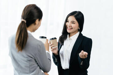 Poster - Confident focused businesswoman, teacher or mentor coach speaking to business people at negotiations, woman leader speaker applicant talking at meeting or convincing hr during job interview concept